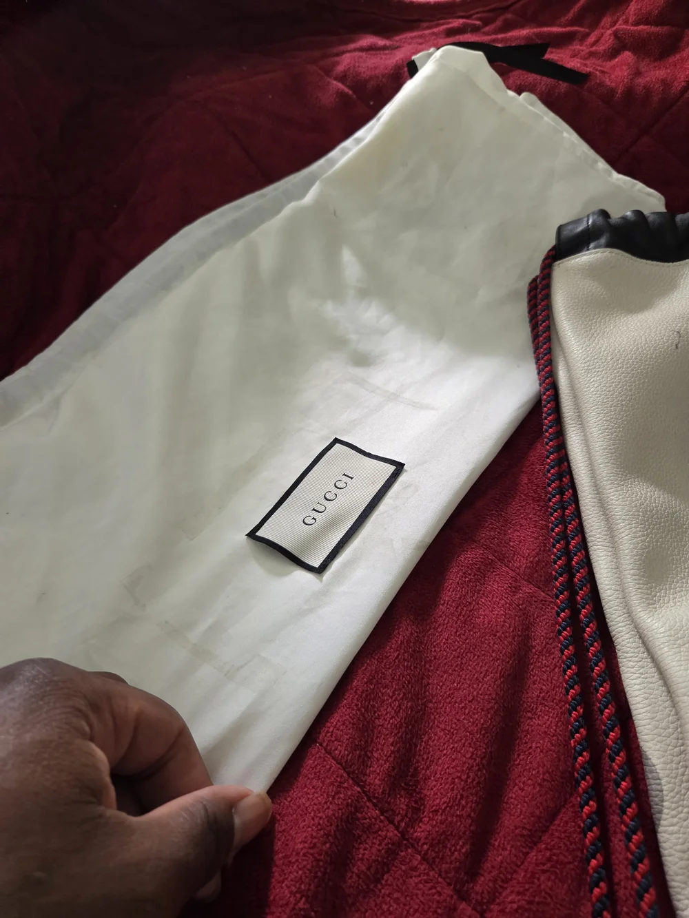 Gucci White Logo Canvas Tote Bag with Green-Red Stripe